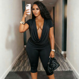 Women Solid Cowl-Neck Short-Sleeve Top and Cropped Pants Set