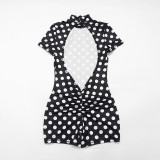Women Short-Sleeve High-Neck Backless Printed Jumpsuit