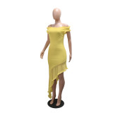 Women Summer Off-Shoulder Irregular Ruffle-Edge Solid Maxi Dress