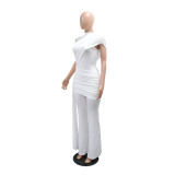 Women Summer Sexy Round-Neck One-Shoulder Pleated Jumpsuit with Ribbon Detail