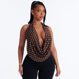 Women Sexy Polka-Dot Halter-Neck Cowl-Neck Backless Lace-Up Top