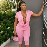 Women Solid Cowl-Neck Short-Sleeve Top and Cropped Pants Set