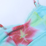 Women Holiday Beach Lace-Patchwork Printed Spaghetti-Strap Mini Dress