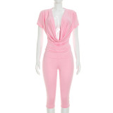 Women Solid Cowl-Neck Short-Sleeve Top and Cropped Pants Set