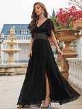 Women Summer V-Neck Sequin & Chiffon Patchwork Dress