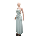 Women Sexy Sequined Lace-Up Sleeveless Slit Maxi Dress