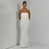 Women Summer Solid Strapless Ruched Mesh Bodycon Dress