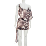 Women Sexy One-Shoulder Spaghetti-Strap Printed Bodycon Dress