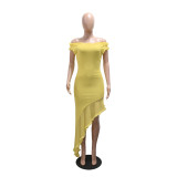 Women Summer Off-Shoulder Irregular Ruffle-Edge Solid Maxi Dress