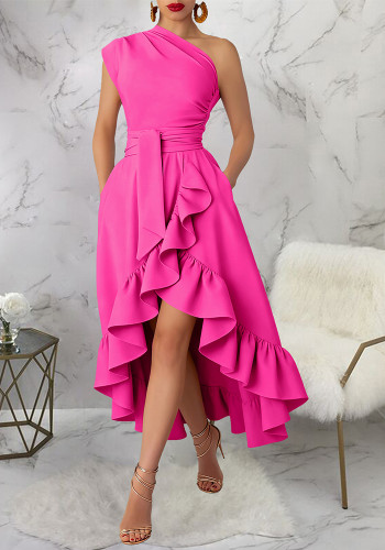 Women Sexy Off-Shoulder Ruffle-Trim Dress with Slit