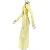 Women solid-color asymmetrical one-shoulder long-sleeve top and skirt set
