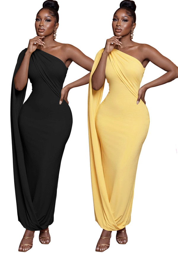 Women's Sexy Solid Color Slash Shoulder Asymmetrical Long Dress