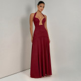 Summer Women's Solid Color Halter Neck Low Back Evening Dress