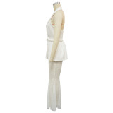 Women's Sleeveless Low Back Lace Blazer Top & Bell Bottom Pants Two-Piece Set