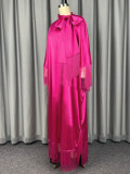 Women's African Solid Color Bat Sleeve Satin Tassel Lace-Up Robe Dress