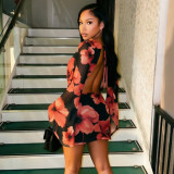 Fall Women's Floral Print Bell Sleeve Slim Fit Mini Dress
