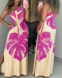 Summer Women's Leaf Print One-Shoulder Side Split Dress