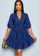Women's Chic Solid Color Deep V-Neck Ruched Puff Sleeve Mini Dress
