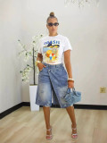Spring Summer Women's Ripped Faux Two-Piece Loose Denim Shorts