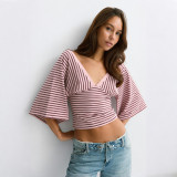 Fall Women's Elegant V-Neck Wide Sleeve Striped Patchwork T-Shirt