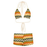 Women's Holiday Tropical Wave Print Halter Neck Bikini Top & Shorts Two-Piece Set