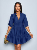 Women's Chic Solid Color Deep V-Neck Ruched Puff Sleeve Mini Dress