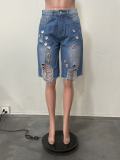 Spring Summer Women's Washed Ripped Loose Irregular Denim Shorts