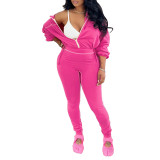 Fall Winter Women's Solid Color Casual Long Sleeve Jacket & Pants Two-Piece Sports Set