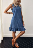 Summer Women's Washed Blue Round Neck Sleeveless Button Front Ruffle Denim Dress