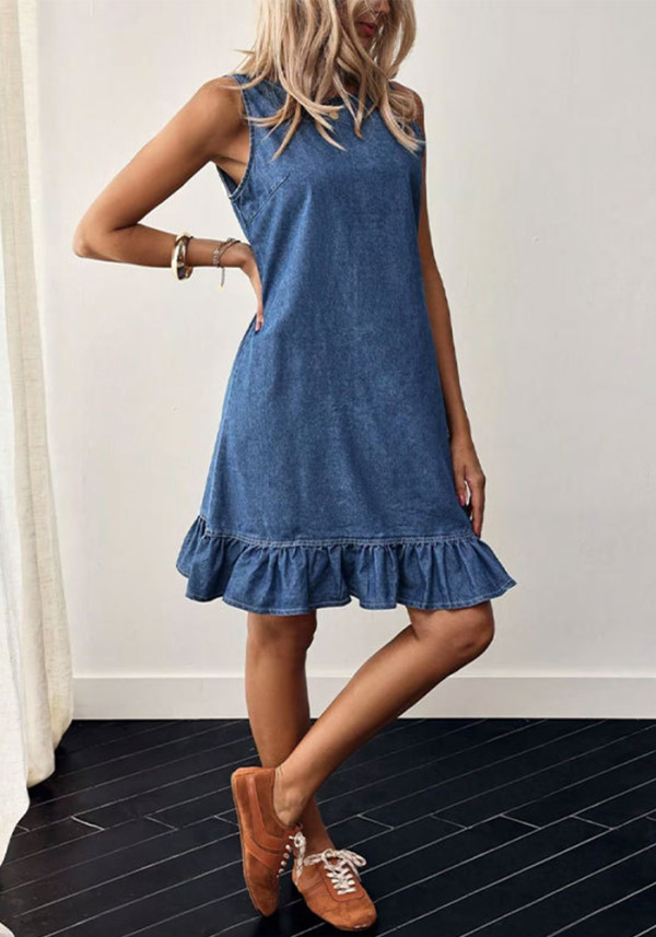 Summer Women's Washed Blue Round Neck Sleeveless Button Front Ruffle Denim Dress