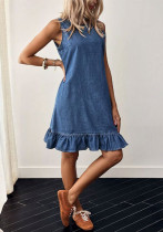 Summer Women's Washed Blue Round Neck Sleeveless Button Front Ruffle Denim Dress Summer Women's Washed Blue Round Neck Sleeveless Button Front Ruffle Denim Dress