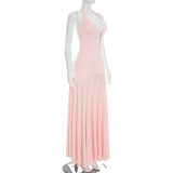 Summer Women's Solid Color Halter Neck Low Back Evening Dress