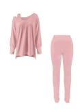 Fall Winter Women's Casual Loose Slash Shoulder Top & High Stretch Pants Two-Piece Set