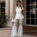 Women's Sleeveless Low Back Lace Blazer Top & Bell Bottom Pants Two-Piece Set