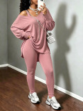 Fall Winter Women's Casual Loose Slash Shoulder Top & High Stretch Pants Two-Piece Set