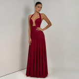 Summer Women's Solid Color Halter Neck Low Back Evening Dress