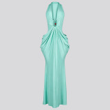 Women's Chic Halter Neck V-Neck Low Back Lace-Up Ruched Maxi Dress