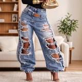 Summer Women's High Waist Ripped Double Waistband Denim Pants