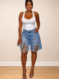 Spring Summer Women's Washed Ripped Loose Irregular Denim Shorts