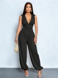 Women's Elegant Sleeveless Deep V-Neck Ruched Waist Loose Jumpsuit
