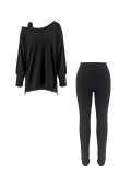 Fall Winter Women's Casual Loose Slash Shoulder Top & High Stretch Pants Two-Piece Set