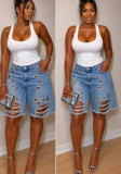 Spring Summer Women's Washed Ripped Loose Irregular Denim Shorts