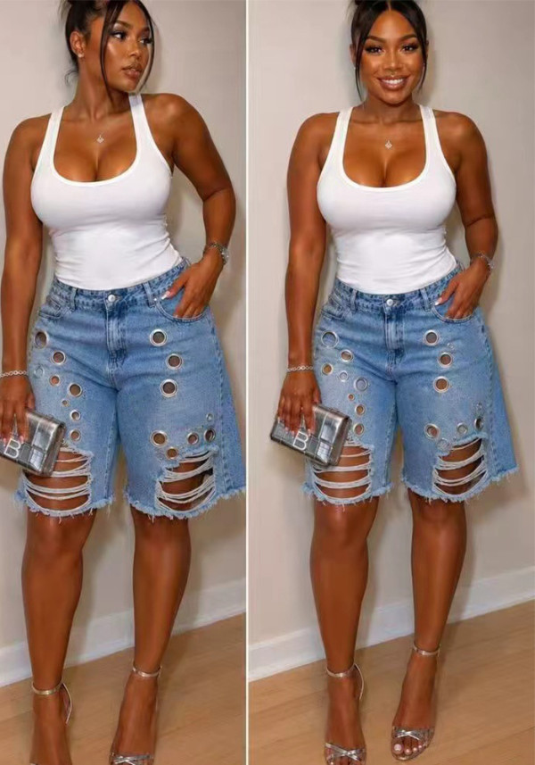 Spring Summer Women's Washed Ripped Loose Irregular Denim Shorts