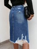 Women's High Waist Washed Frayed Ripped Split Denim Midi Skirt