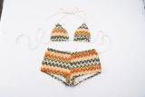 Women's Holiday Tropical Wave Print Halter Neck Bikini Top & Shorts Two-Piece Set