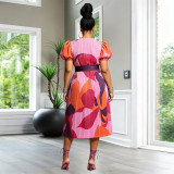 Summer Women's Printed Pleated Puff Sleeve Casual Dress