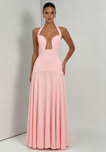 Summer Women's Solid Color Halter Neck Low Back Evening Dress