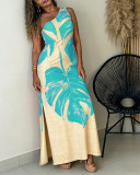 Summer Women's Leaf Print One-Shoulder Side Split Dress