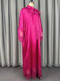 Women's African Solid Color Bat Sleeve Satin Tassel Lace-Up Robe Dress