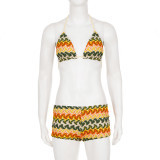 Women's Holiday Tropical Wave Print Halter Neck Bikini Top & Shorts Two-Piece Set